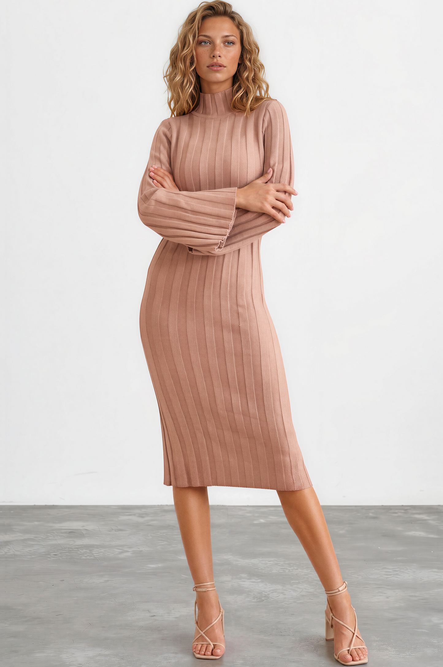 Beckett Midi Dress - Mockneck Ribbed Knit Dress in Camel