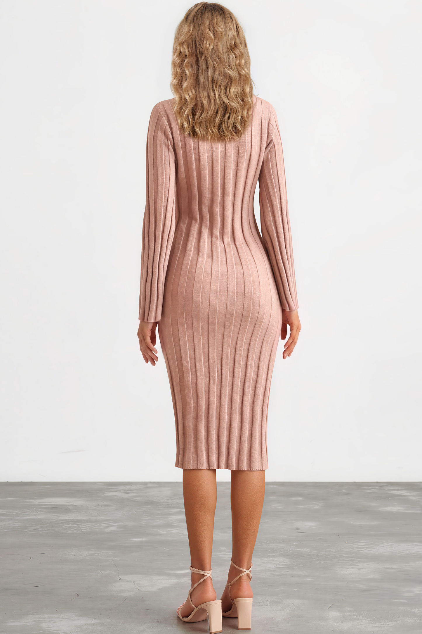 Beckett Midi Dress - Mockneck Ribbed Knit Dress in Camel