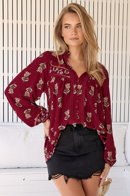 JAASE - Bee Blouse: Lace Decal Button Down Long Sleeve Blouse in Grenache Print