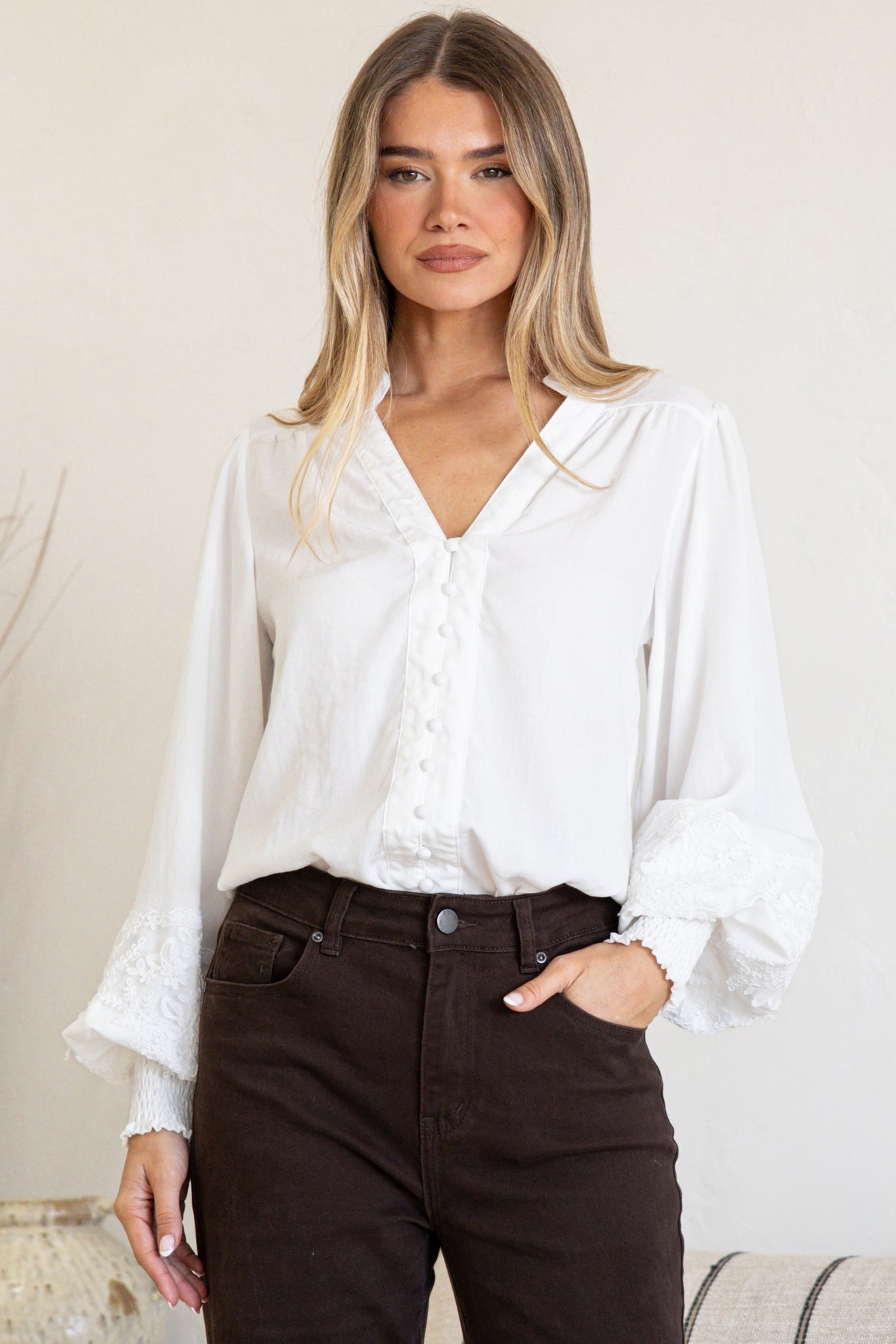 Beldon Blouse -High Mandarin Collar Button Down with Lace Motif Balloon Sleeves and Thick Shirred Cuffs in White