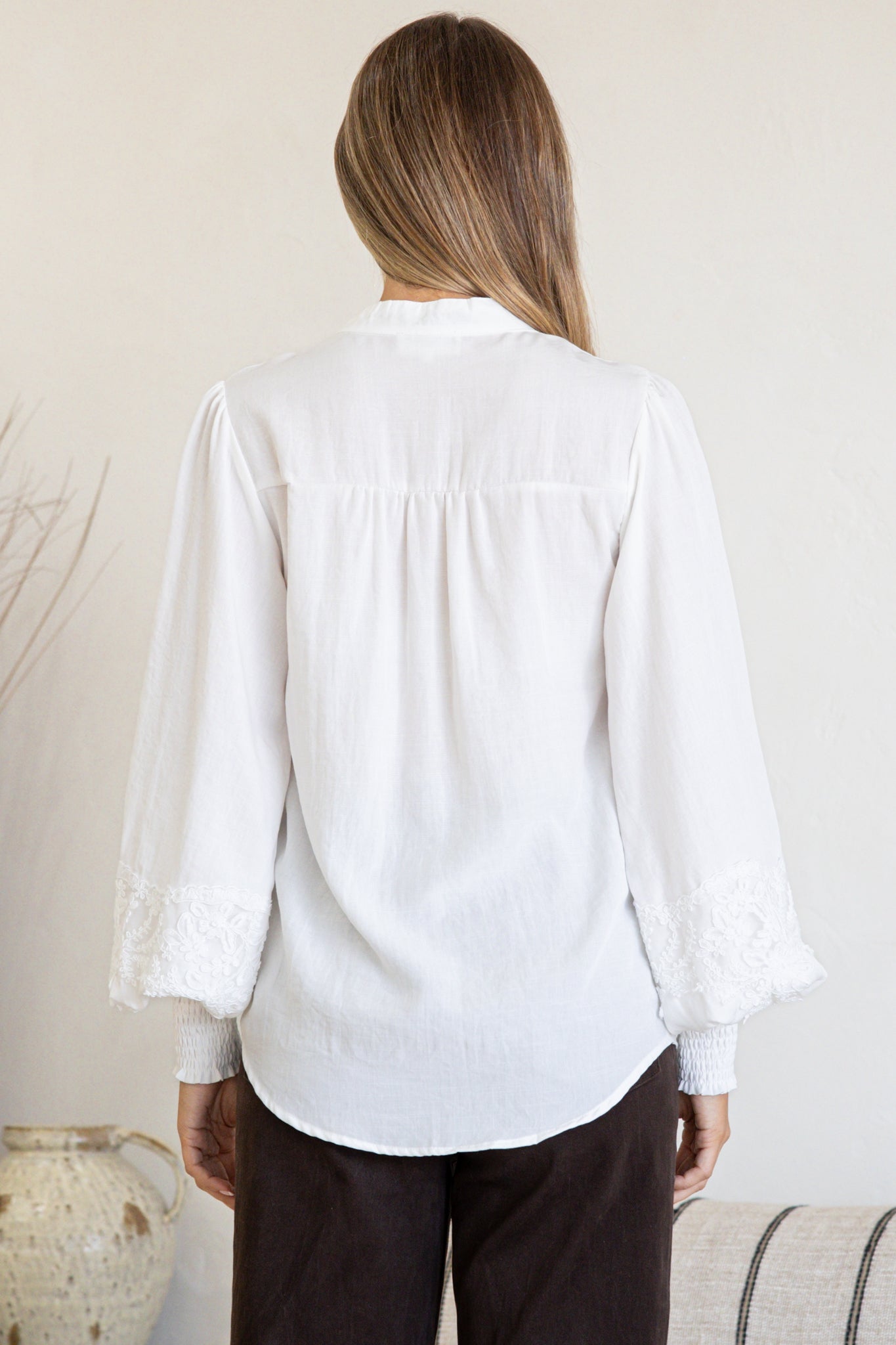 Beldon Blouse -High Mandarin Collar Button Down with Lace Motif Balloon Sleeves and Thick Shirred Cuffs in White