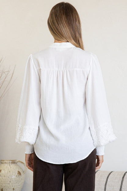 Beldon Blouse -High Mandarin Collar Button Down with Lace Motif Balloon Sleeves and Thick Shirred Cuffs in White