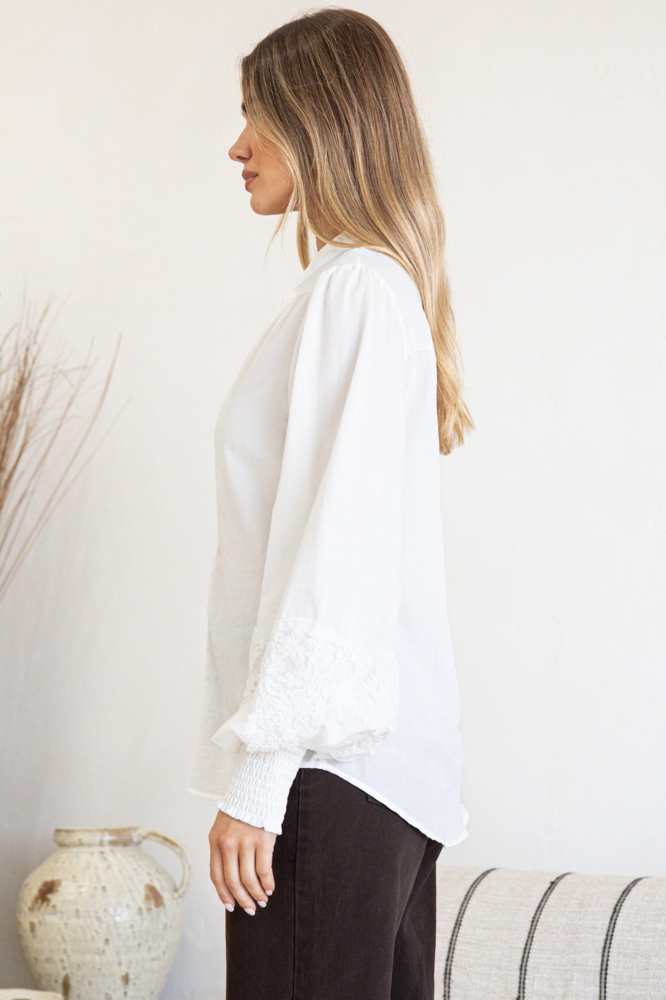 Beldon Blouse -High Mandarin Collar Button Down with Lace Motif Balloon Sleeves and Thick Shirred Cuffs in White