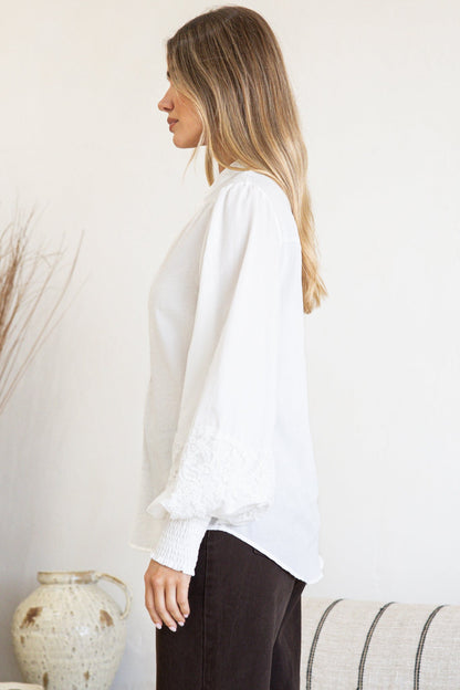 Beldon Blouse -High Mandarin Collar Button Down with Lace Motif Balloon Sleeves and Thick Shirred Cuffs in White