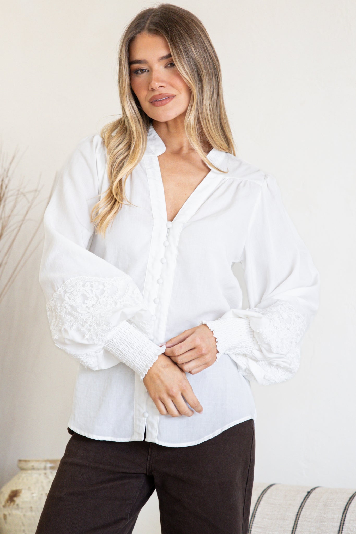 Beldon Blouse -High Mandarin Collar Button Down with Lace Motif Balloon Sleeves and Thick Shirred Cuffs in White