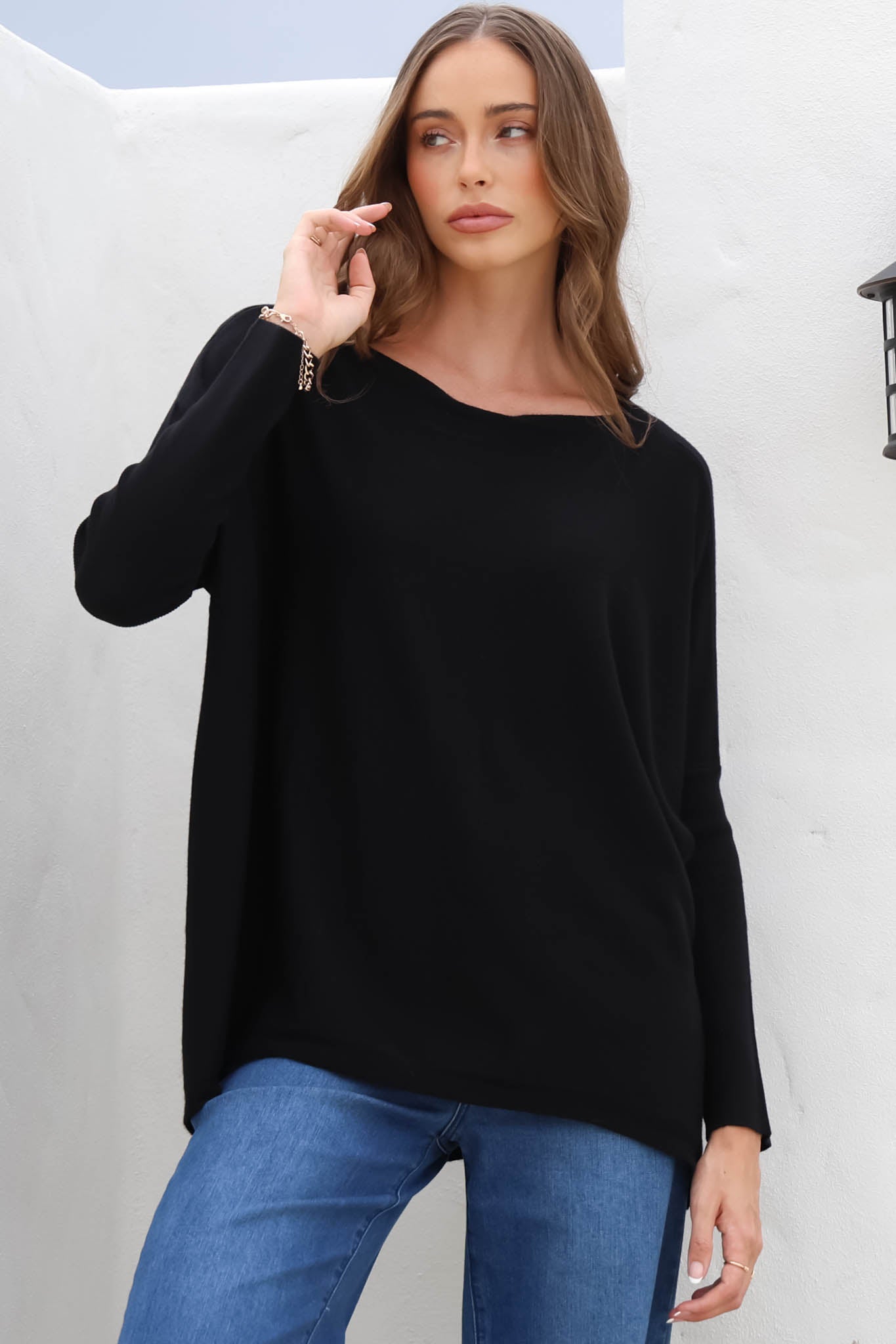 Belinda Knit Top - Boat Neckline Boxy Batwing Top in Black