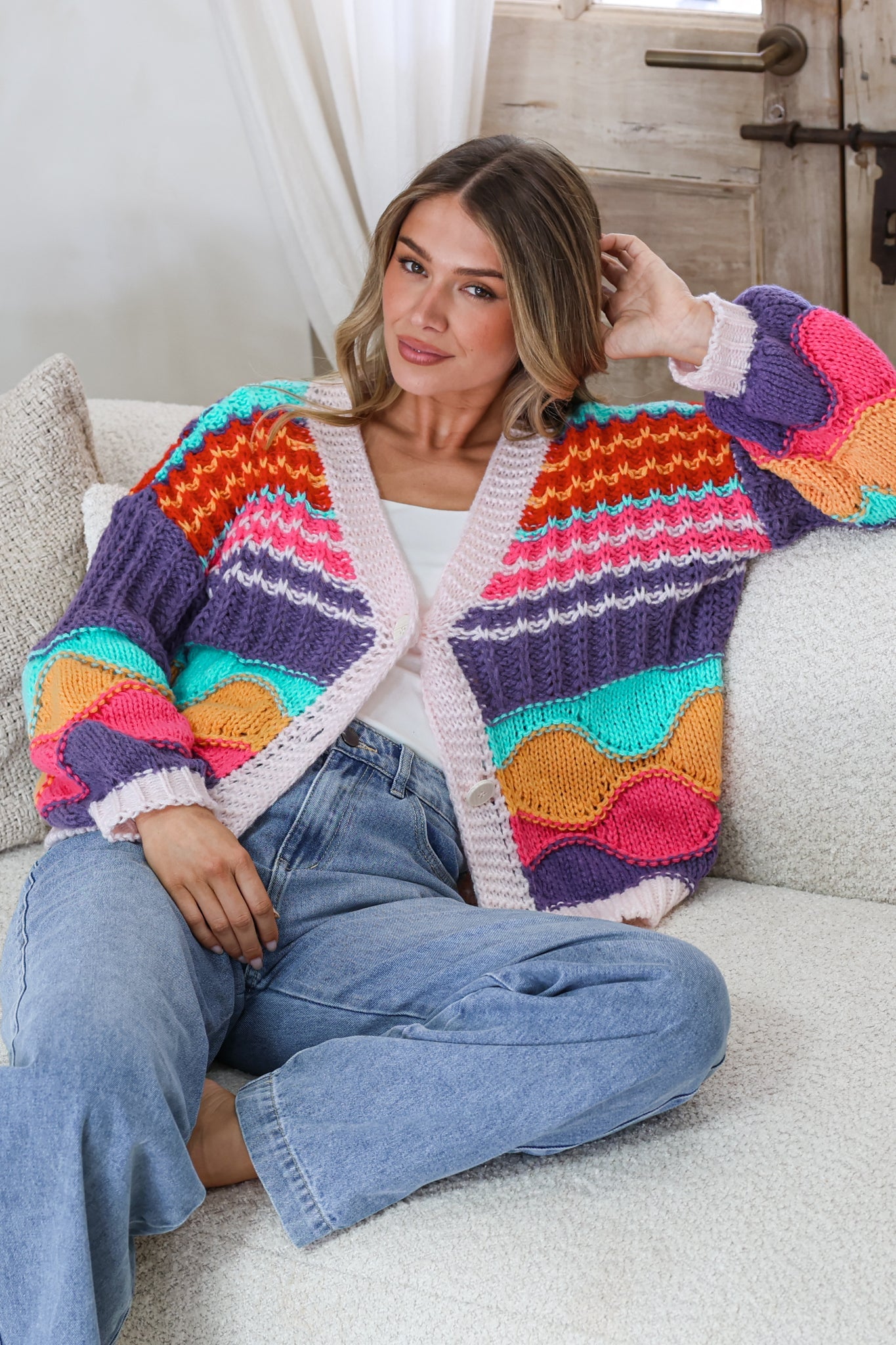 Bellamy Cardigan - Button Front V Neck Multicoloured Stripe Knit in Pink