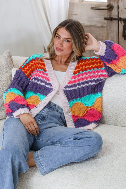 Bellamy Cardigan - Button Front V Neck Multicoloured Stripe Knit in Pink