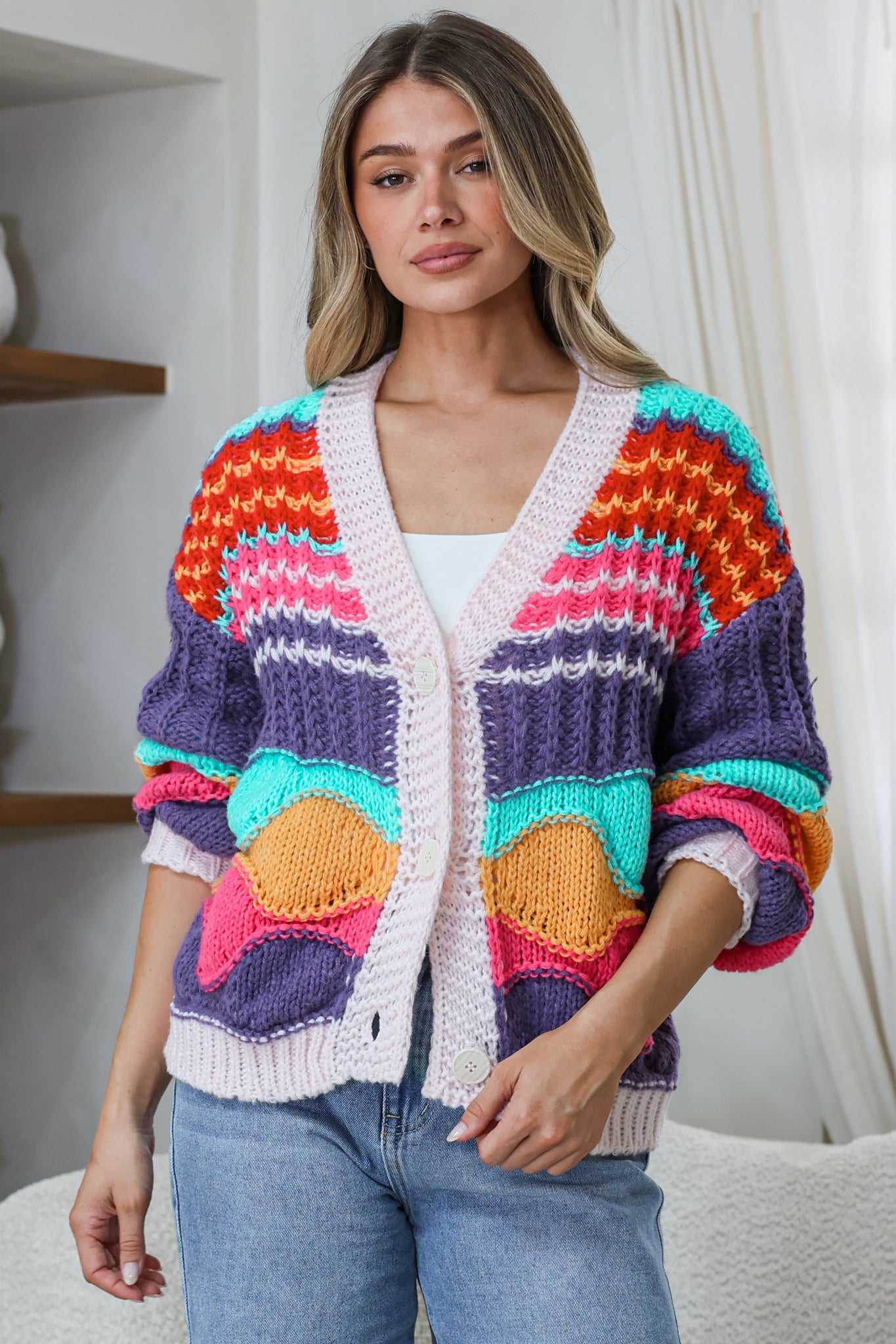 Bellamy Cardigan - Button Front V Neck Multicoloured Stripe Knit in Pink