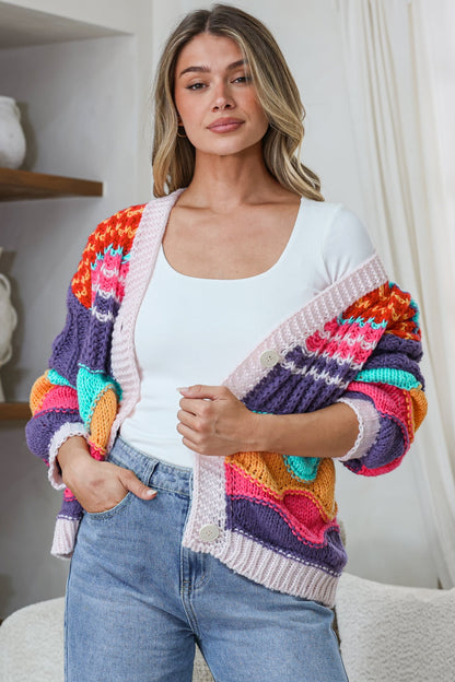 Bellamy Cardigan - Button Front V Neck Multicoloured Stripe Knit in Pink