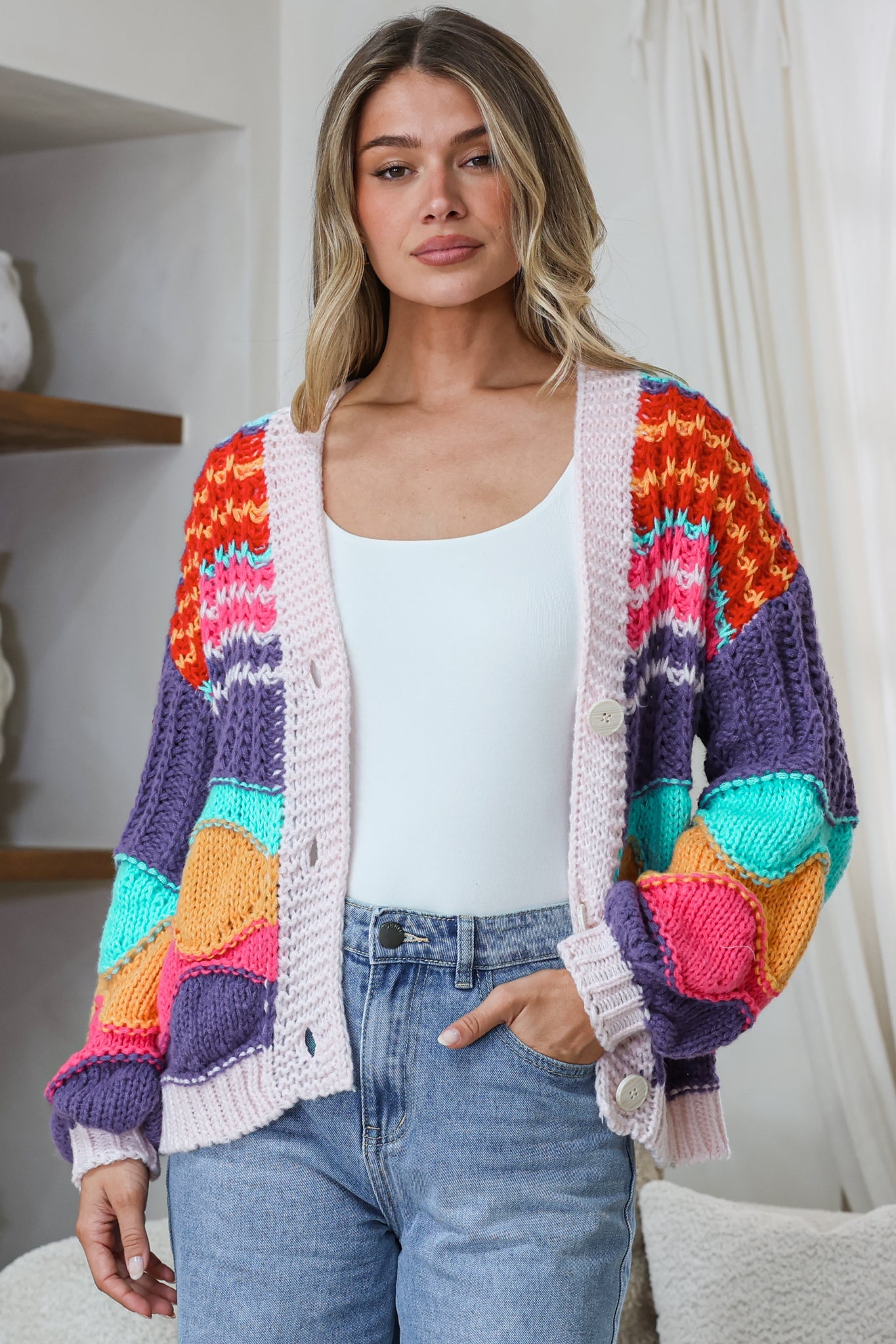 Bellamy Cardigan - Button Front V Neck Multicoloured Stripe Knit in Pink