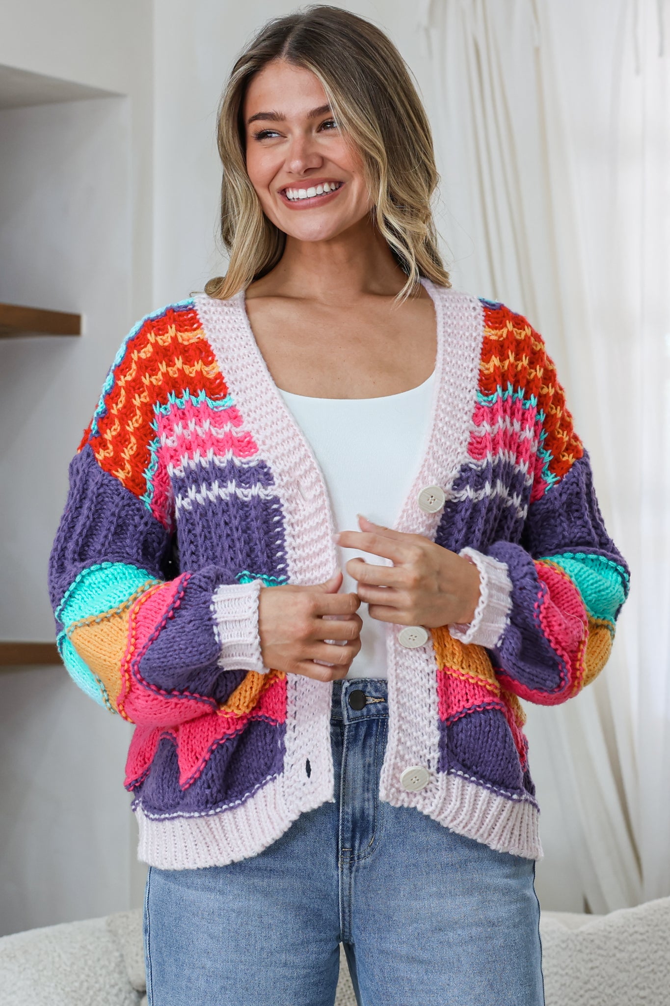 Bellamy Cardigan - Button Front V Neck Multicoloured Stripe Knit in Pink