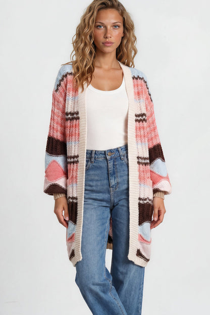 Bellatrix Cardigan - Open Front Multicoloured Stripe Knit with Pockets in Chocolate/Pink