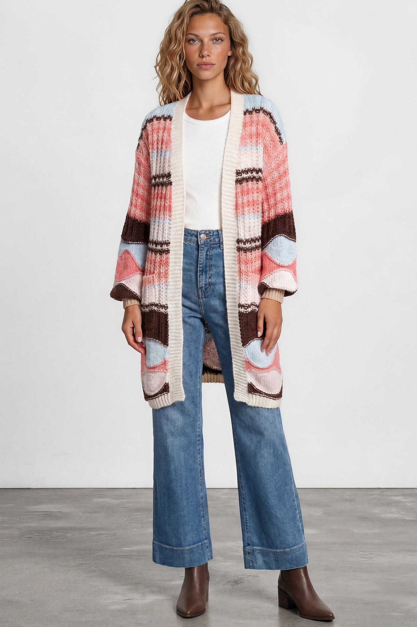 Bellatrix Cardigan - Open Front Multicoloured Stripe Knit with Pockets in Chocolate/Pink