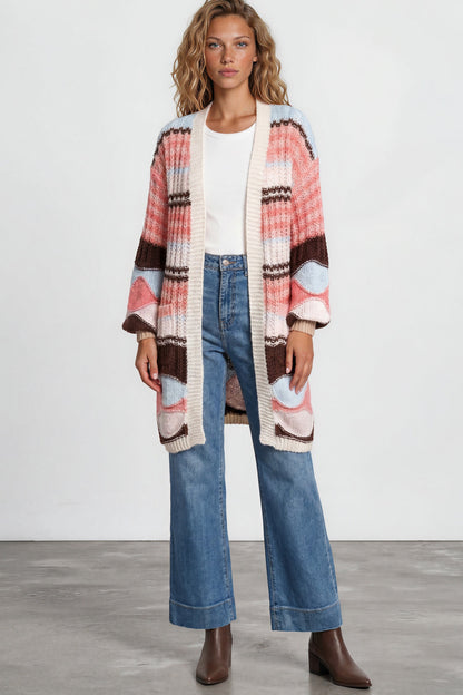 Bellatrix Cardigan - Open Front Multicoloured Stripe Knit with Pockets in Chocolate/Pink
