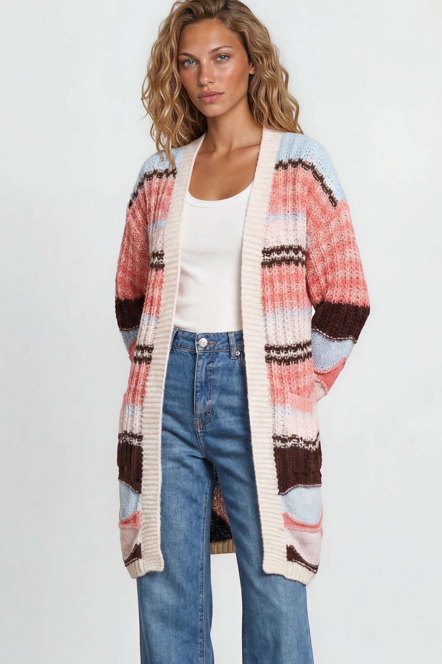 Bellatrix Cardigan - Open Front Multicoloured Stripe Knit with Pockets in Chocolate/Pink