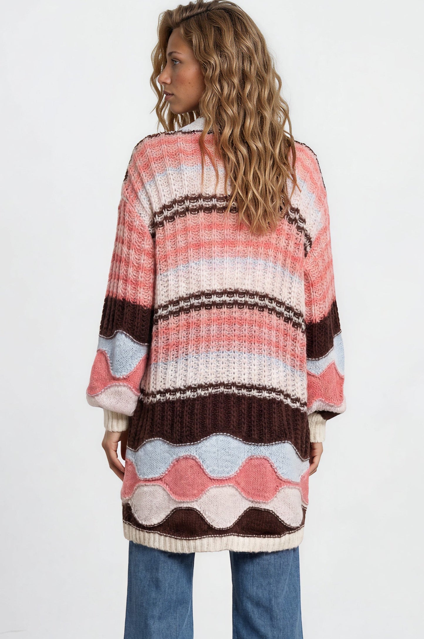 Bellatrix Cardigan - Open Front Multicoloured Stripe Knit with Pockets in Chocolate/Pink