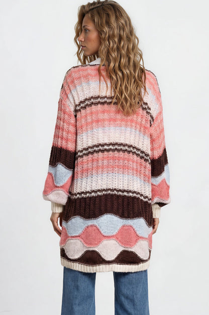Bellatrix Cardigan - Open Front Multicoloured Stripe Knit with Pockets in Chocolate/Pink