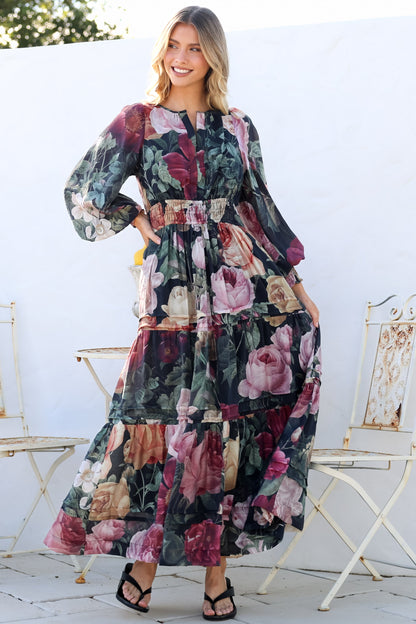 Bennett Maxi Dress - Split Crew Neck A-Line Tiered Dress with Pleat Details in Annalisa Print