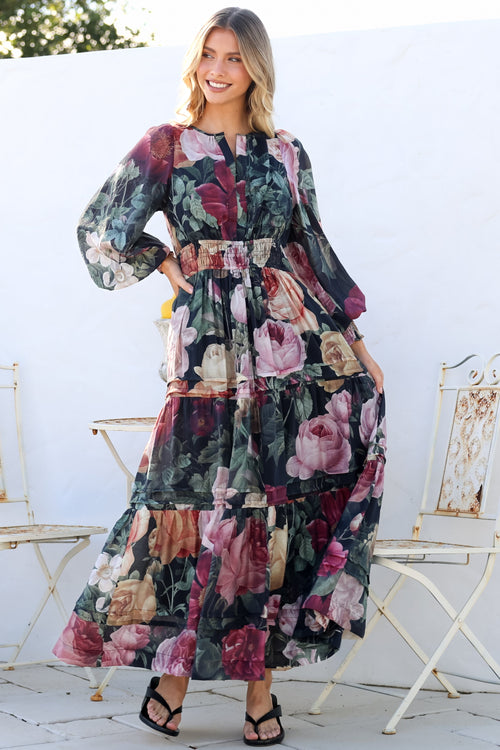 Bennett Maxi Dress - Split Crew Neck A-Line Tiered Dress with Pleat Details in Annalisa Print
