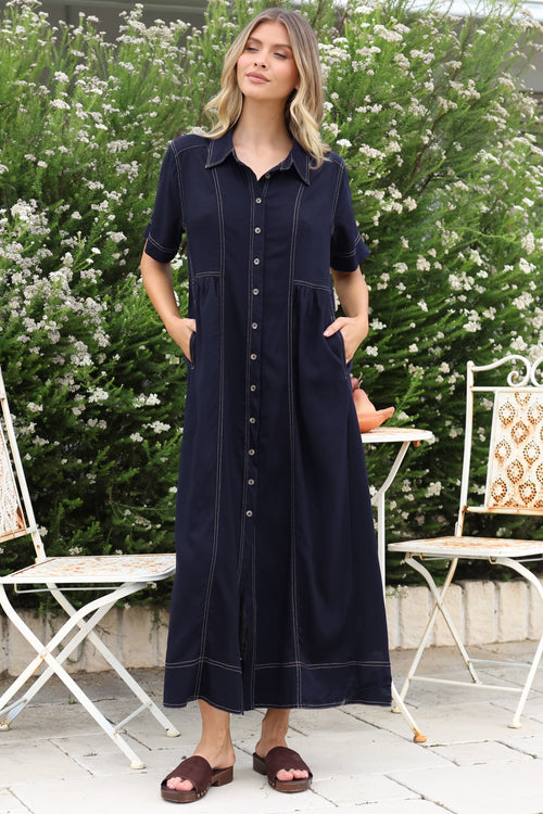 Bento Midi Dress - Wing Collar Button Down Shirt Dress with Contrast Stitching in Indigo