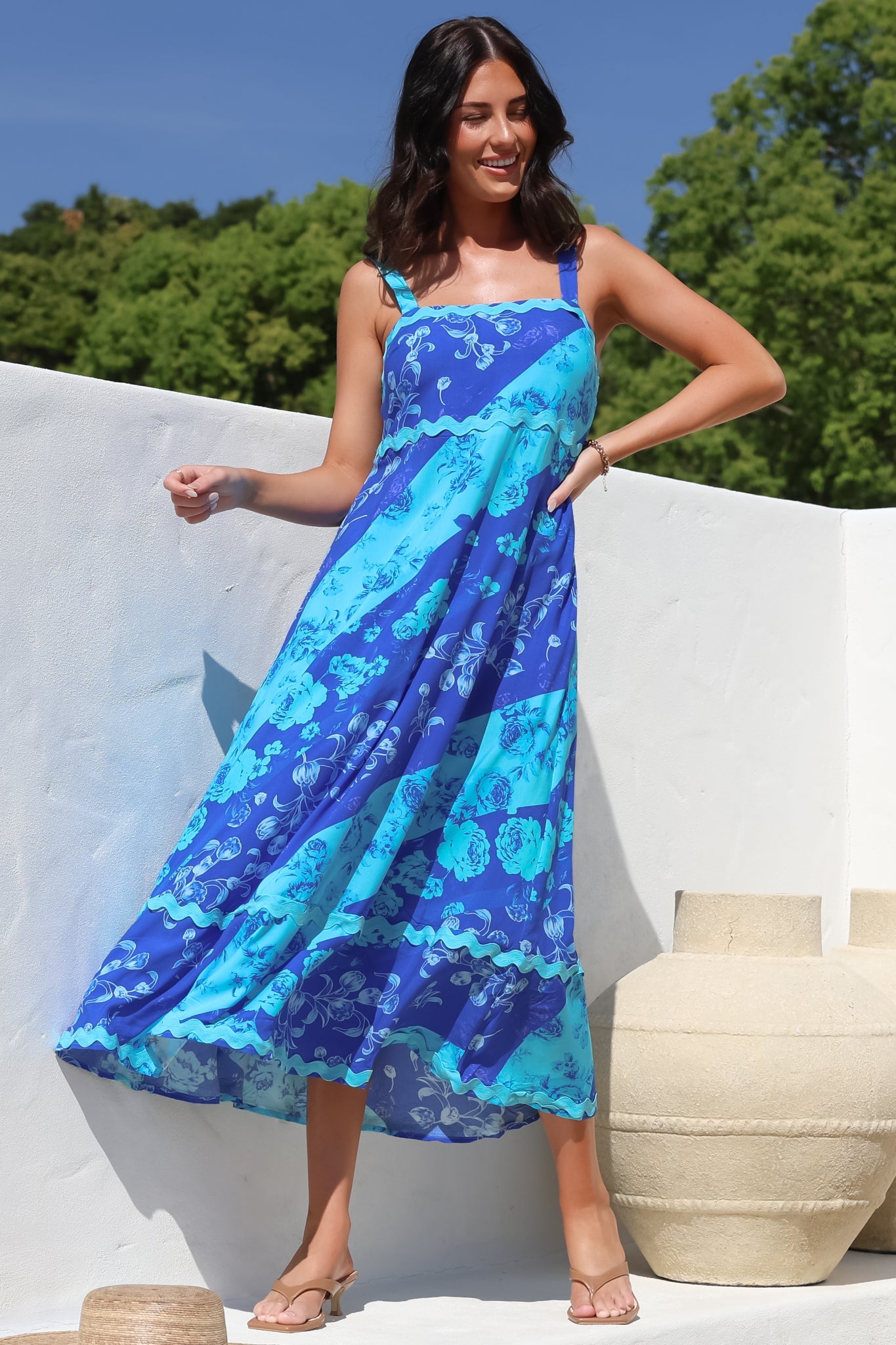 Bionda Midi Dress - Ric Rac Spliced Sun Dress with Adjustable Straps in Clavelle Print Blue