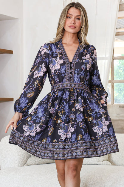 Biondi Mini Dress - Deep V-Neck A-Line Mini with Balloon Sleeves in Luella Print