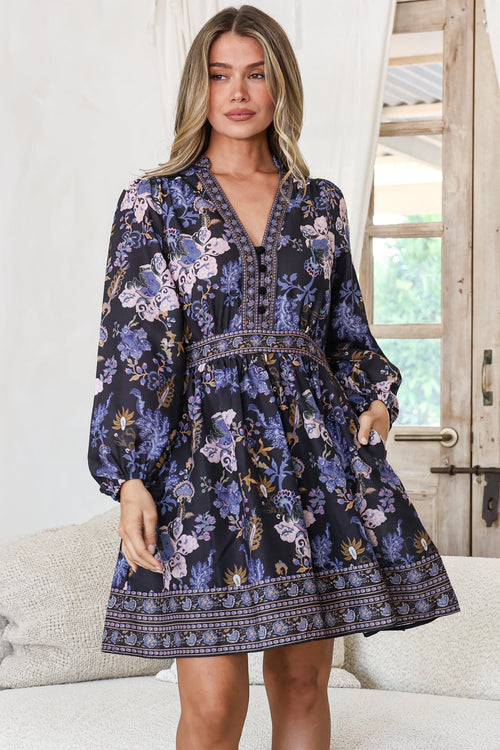 Biondi Mini Dress - Deep V-Neck A-Line Mini with Balloon Sleeves in Luella Print