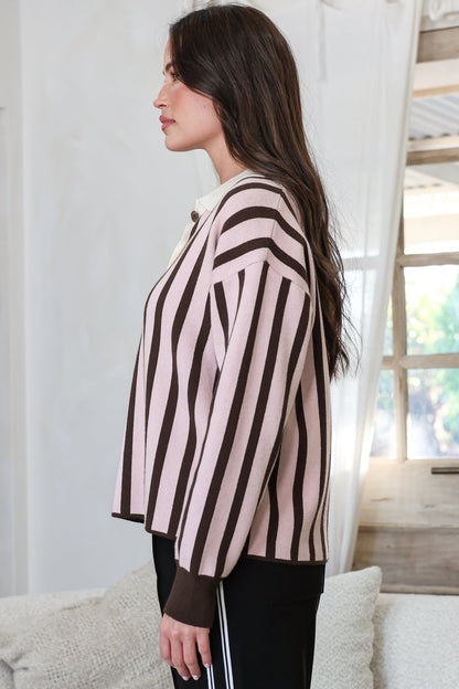 Bishop Jumper - Wing Collar Heart Button Detail Stripe Jersey Knit in Pink/Chocolate