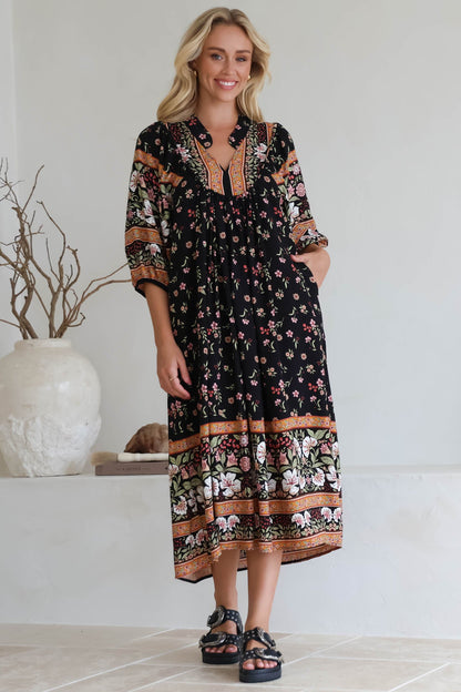 JAASE - Boheme Midi Dress: Piping Defined Bust Slimline Smock Dress In Eternity Print