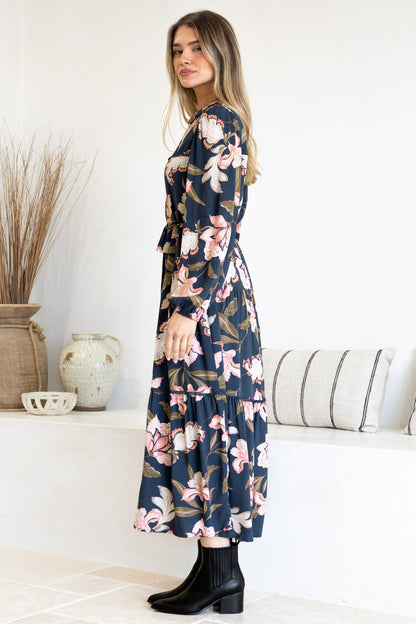 Bonham Maxi Dress - Mandarin Collar Front Button Placket Dress with Belt in Brighton Print