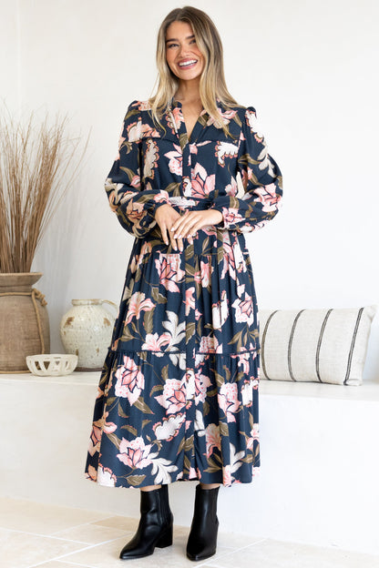 Bonham Maxi Dress - Mandarin Collar Front Button Placket Dress with Belt in Brighton Print