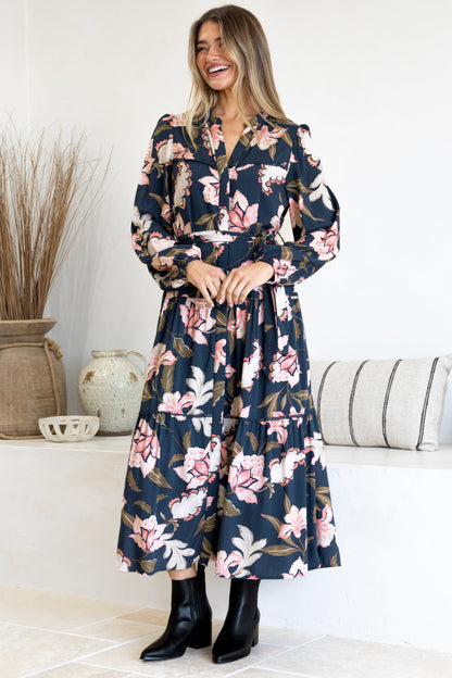 Bonham Maxi Dress - Mandarin Collar Front Button Placket Dress with Belt in Brighton Print