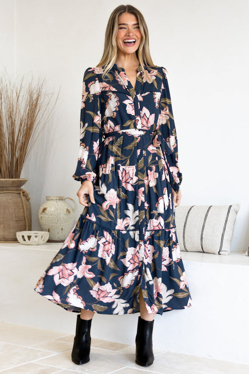 Bonham Maxi Dress - Mandarin Collar Front Button Placket Dress with Belt in Brighton Print