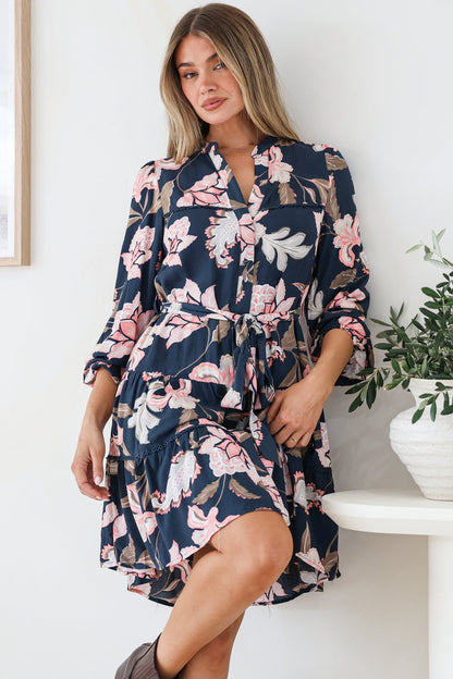 Bonham Mini Dress - Mandarin Collar Button Down Tiered Dress with Lace Trims in Brighton Print