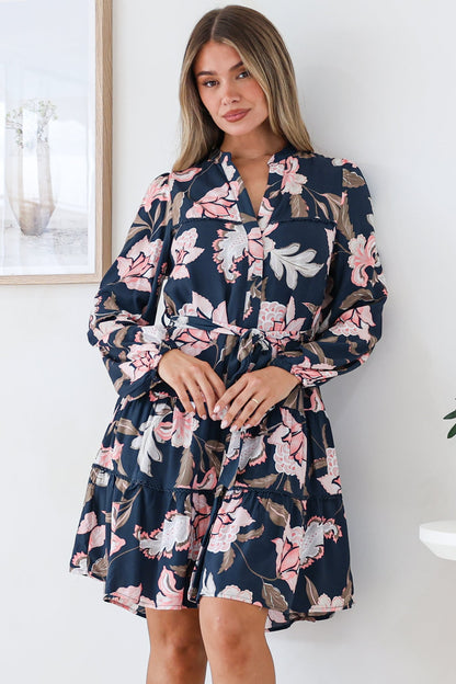 Bonham Mini Dress - Mandarin Collar Button Down Tiered Dress with Lace Trims in Brighton Print