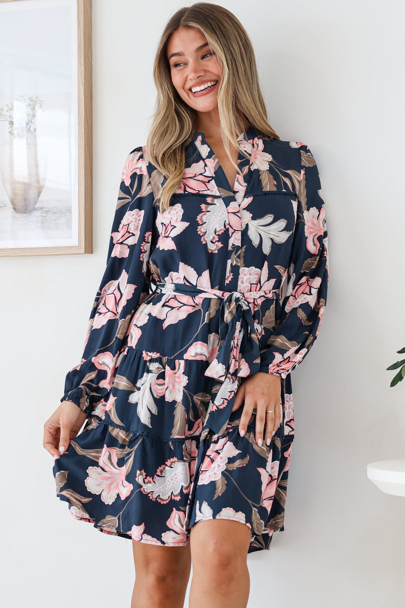 Bonham Mini Dress - Mandarin Collar Button Down Tiered Dress with Lace Trims in Brighton Print