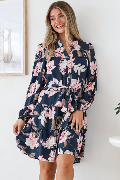 Bonham Mini Dress - Mandarin Collar Button Down Tiered Dress with Lace Trims in Brighton Print