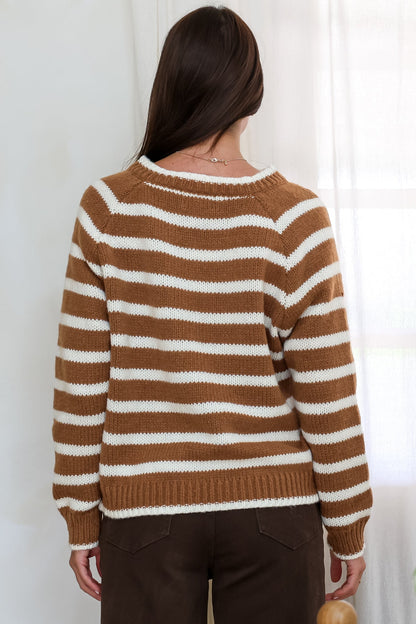Boscoe Jumper - Split Collar V-Neck Striped Long Sleeve Knit in Caramel