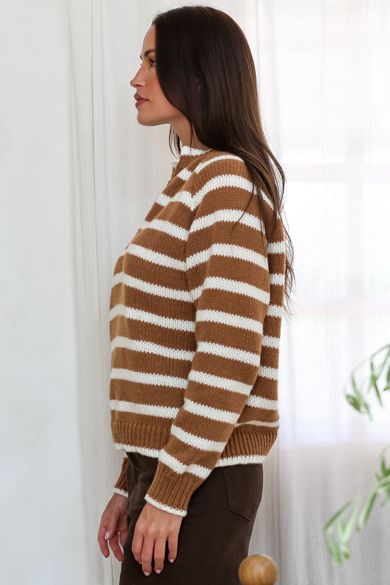 Boscoe Jumper - Split Collar V-Neck Striped Long Sleeve Knit in Caramel