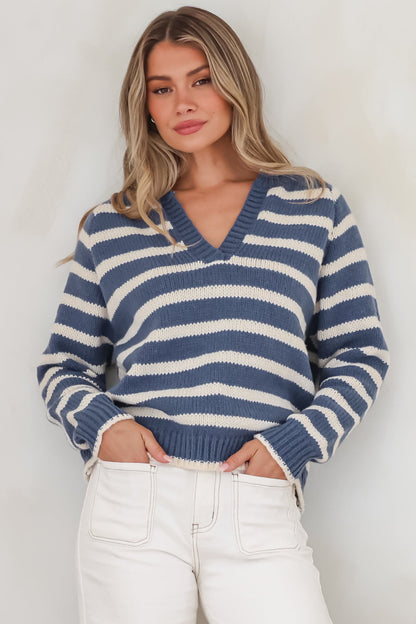 Boscoe Jumper - Split Collar V-Neck Striped Long Sleeve Knit in Navy Blue