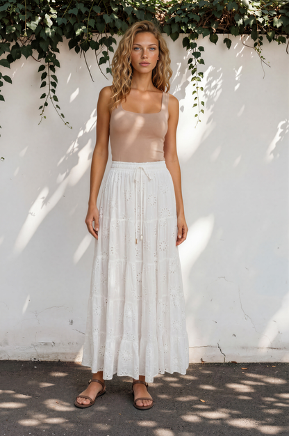 Blanche Maxi Skirt - Hollow out Embroidered Skirt in White