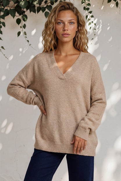 Donoven Jumper - V Neck Lightweight Knit with Ribbed Hemlines in Sand