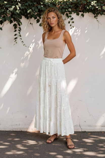 Blanche Maxi Skirt - Hollow out Embroidered Skirt in White