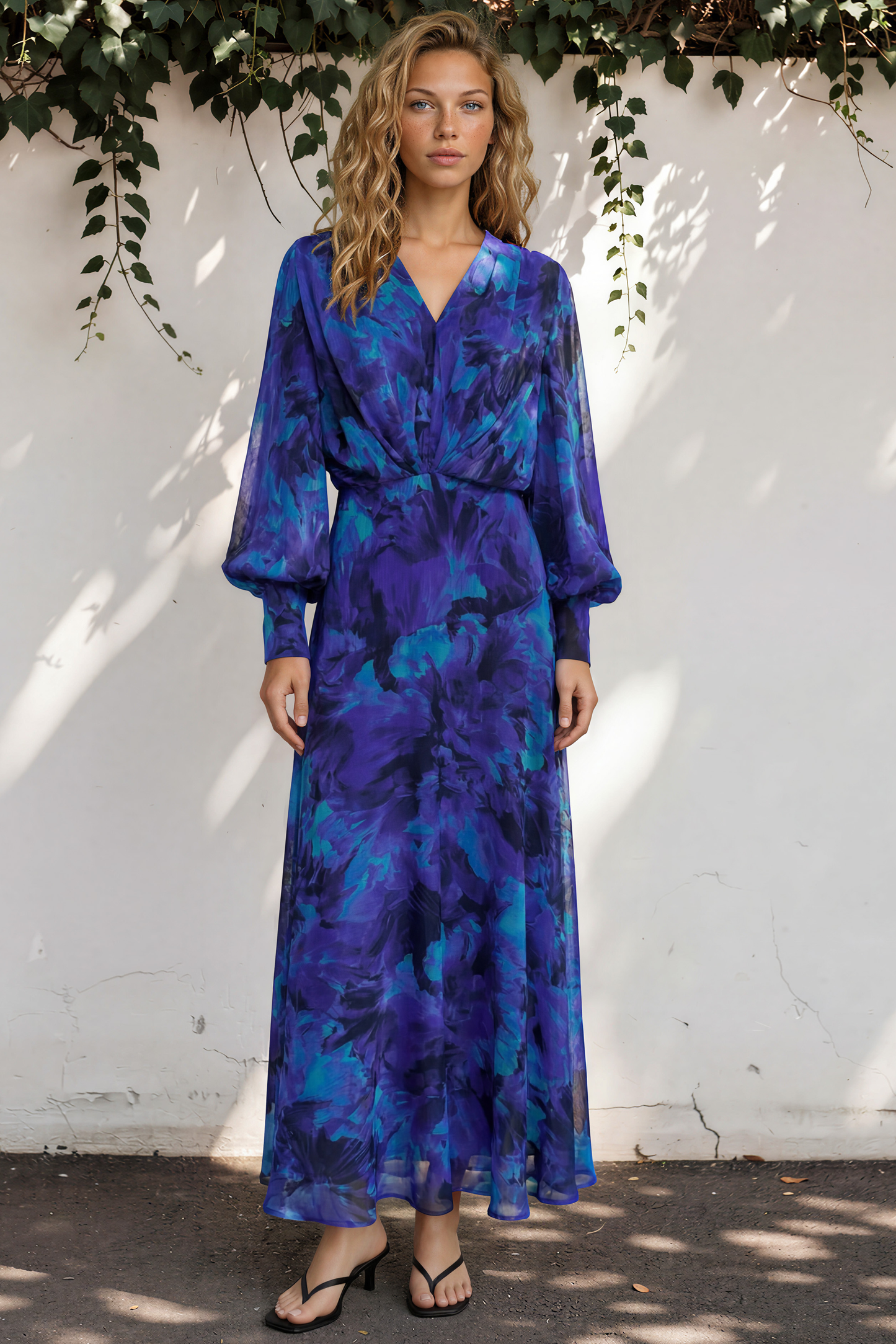 Azura Maxi Dress - V-Neckline Dress with Long Shirred Sleeves in Bluebell Print