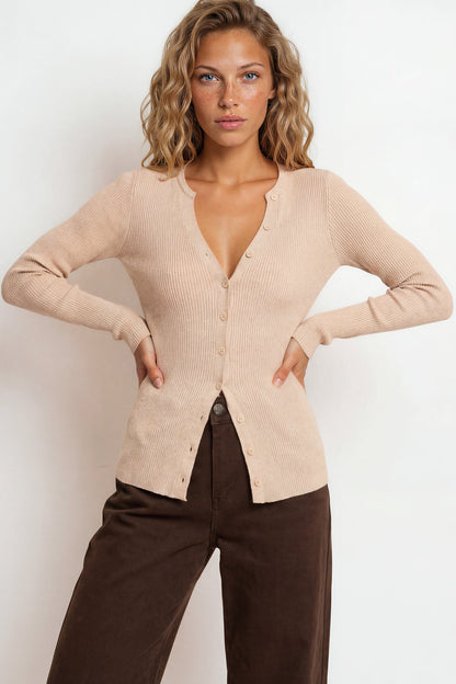 Tori Knit Top - Buttoned Down Long Sleeve Ribbed Knit in Oatmeal