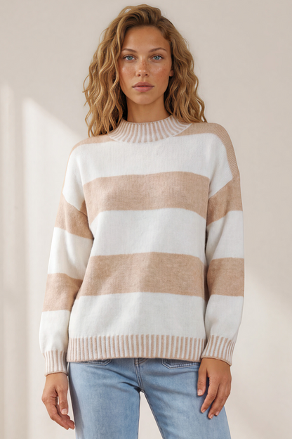 Janie Jumper - Mock Neck Striped Jumper with Contrast Stripe Hemlines in Cream
