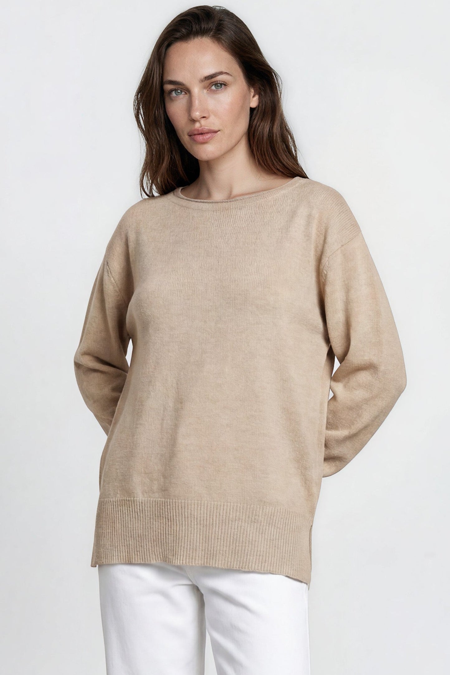 Willow Jumper - Crew Neck Batwing Sleeve Ribbed Step Hemline Knit in Mocha