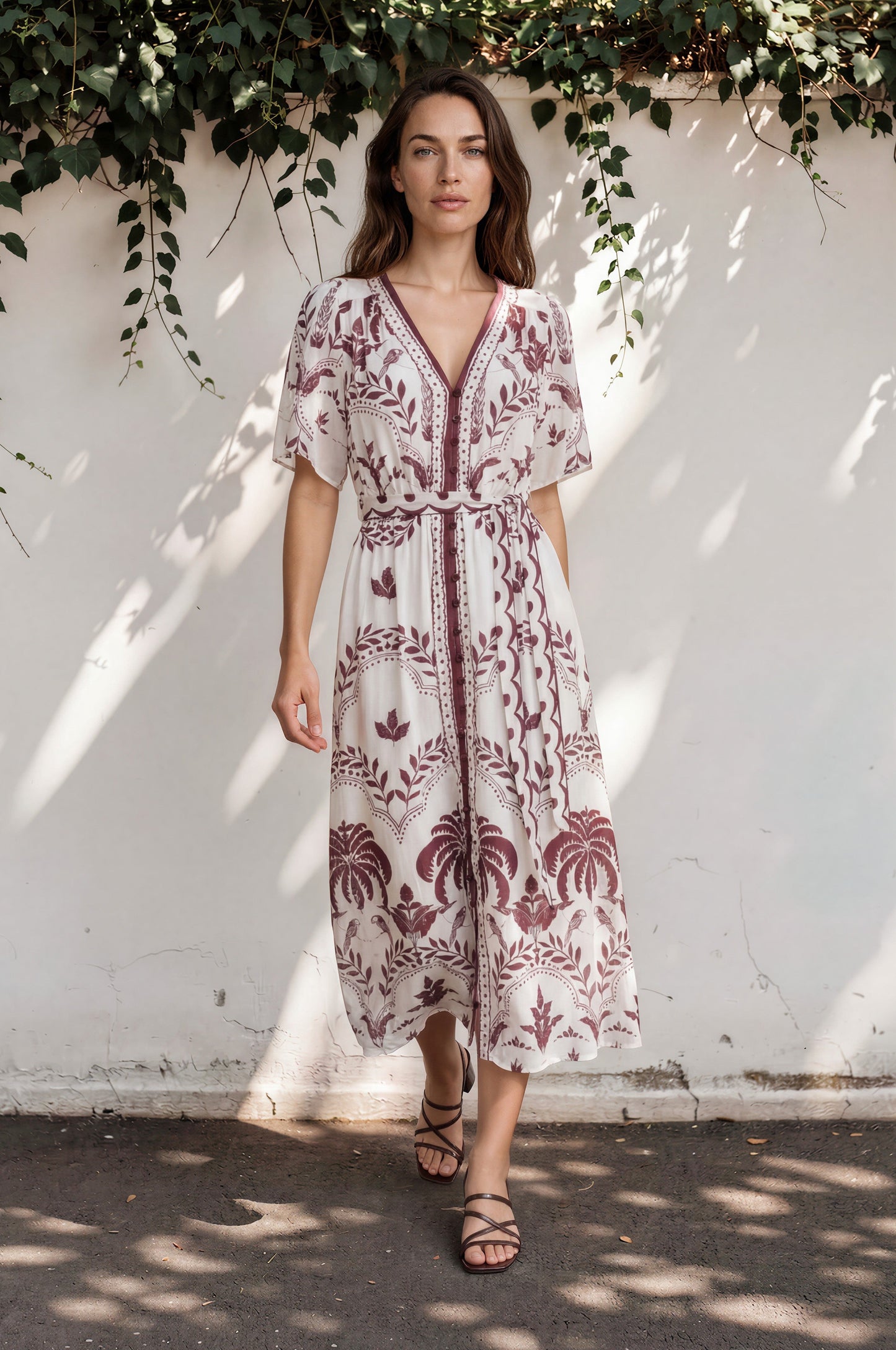 Kaitlyn Midi Dress - V-Neckline Dress with Short Flutter Sleeves in  Maisy Print Wine