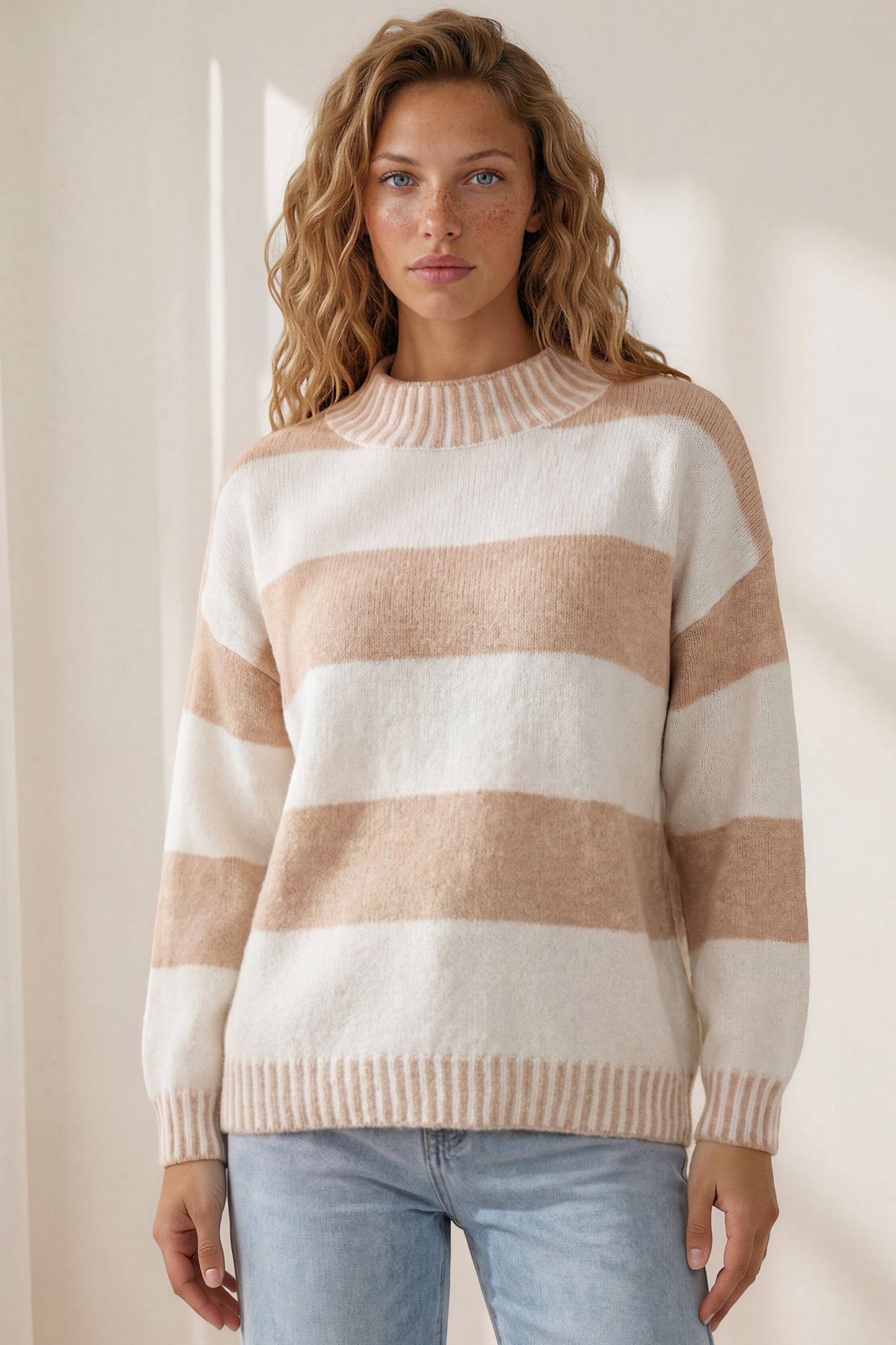 Janie Jumper - Mock Neck Striped Jumper with Contrast Stripe Hemlines in Cream